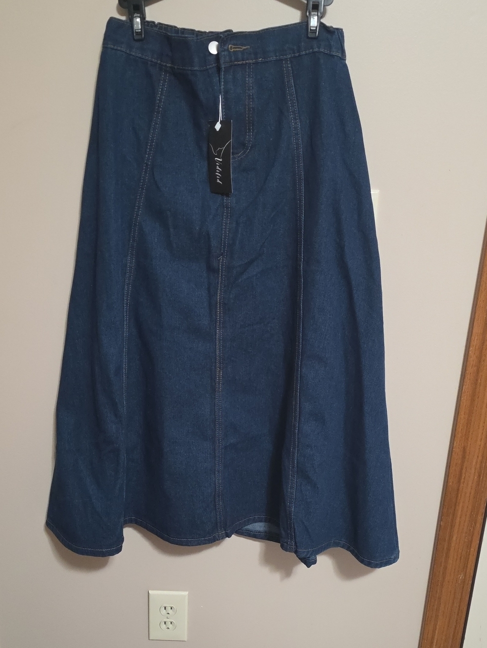 Midnight Blue Denim A-Line Midi Skirt by Unlabeled